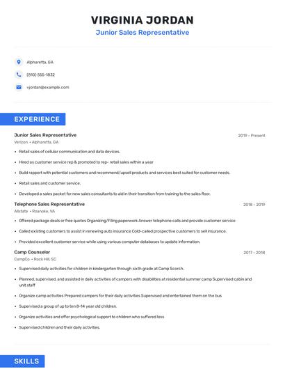 Junior Sales Representative Resume