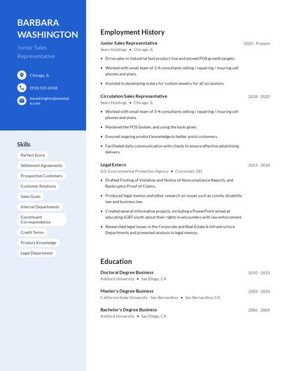 Junior Sales Representative Resume