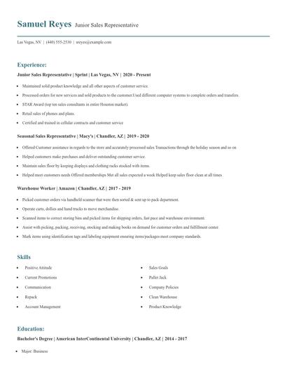 Junior Sales Representative Resume