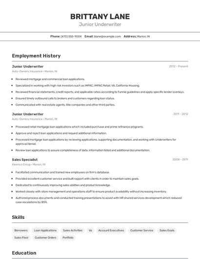 Junior Underwriter Resume