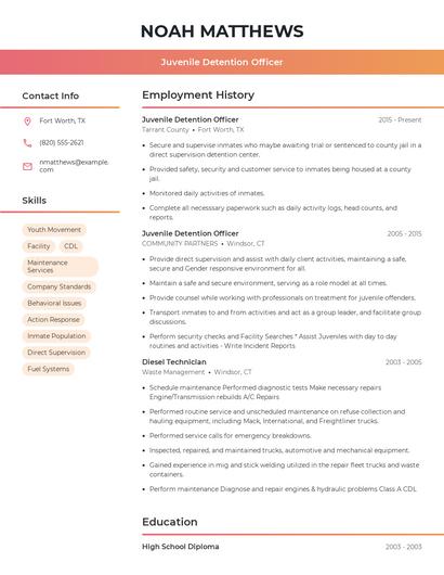 Juvenile Detention Officer Resume