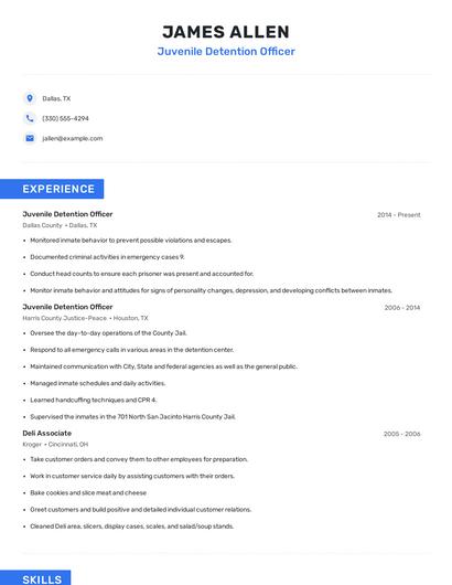 Juvenile Detention Officer Resume