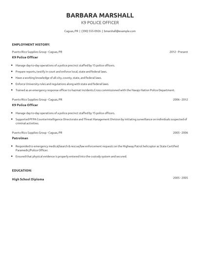 K9 Police Officer Resume