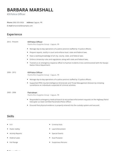 K9 Police Officer Resume