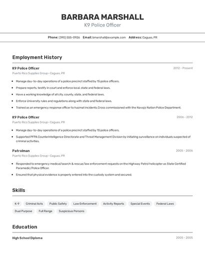 K9 Police Officer Resume