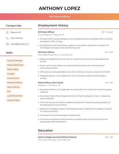 K9 Police Officer Resume