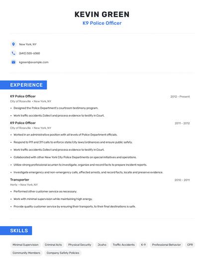K9 Police Officer Resume