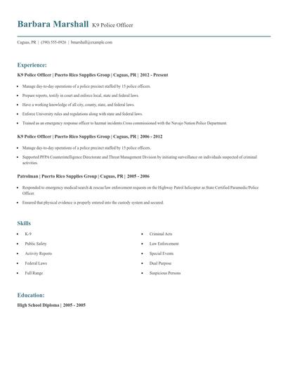 K9 Police Officer Resume