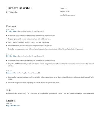 K9 Police Officer Resume