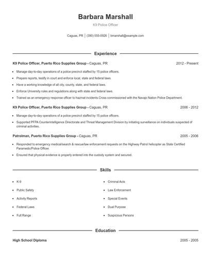 K9 Police Officer Resume