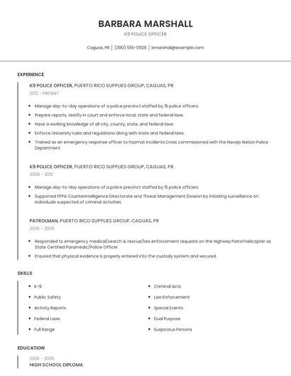 K9 Police Officer Resume