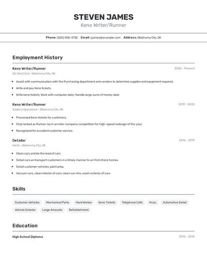 Keno Writer/Runner Resume