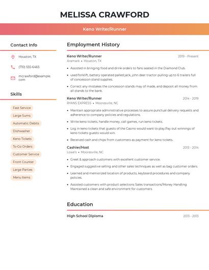 Keno Writer/Runner Resume