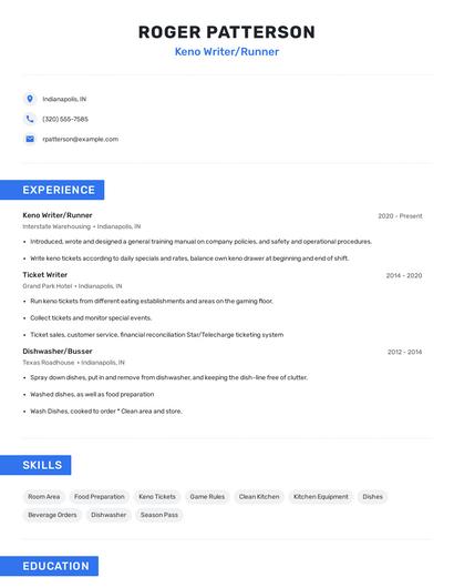 Keno Writer/Runner Resume