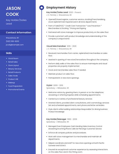 Key Holder/Sales Lead Resume