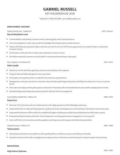 Key Holder/Sales Lead Resume
