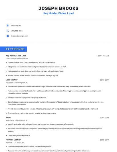 Key Holder/Sales Lead Resume