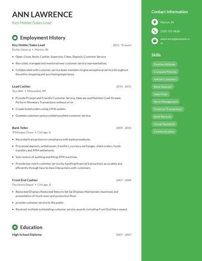 Key Holder/Sales Lead Resume