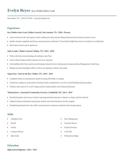 Key Holder/Sales Lead Resume