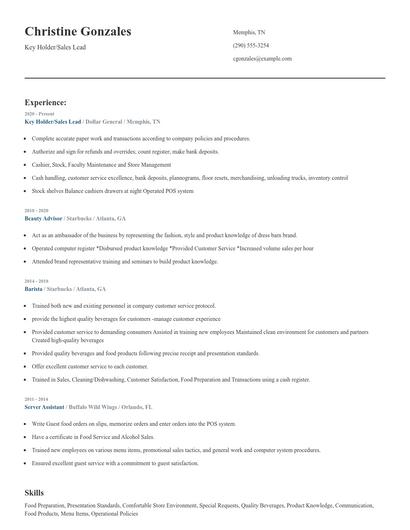 Key Holder/Sales Lead Resume