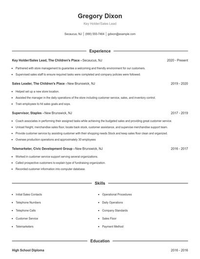 Key Holder/Sales Lead Resume