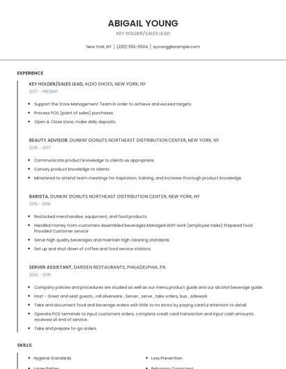 Key Holder/Sales Lead Resume