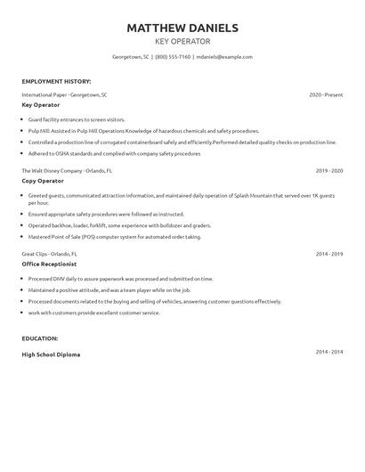 Key Operator Resume