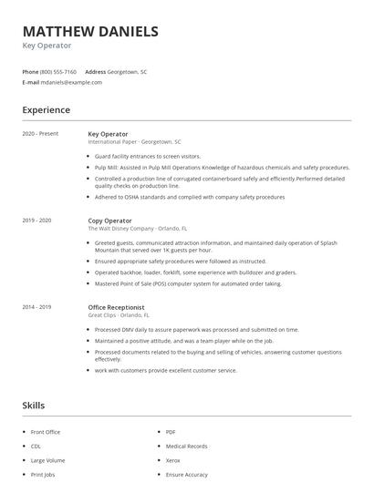 Key Operator Resume