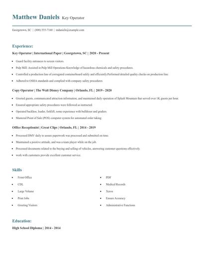 Key Operator Resume