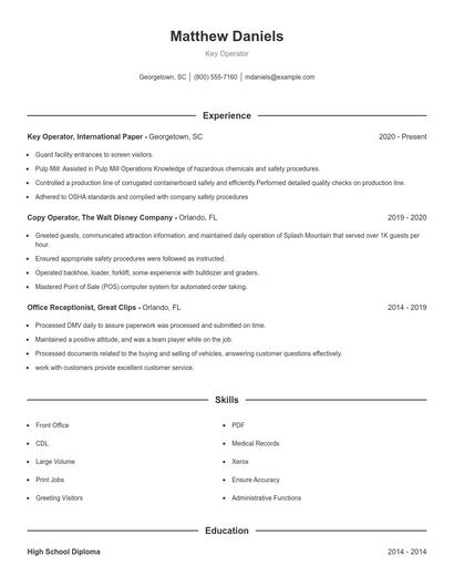 Key Operator Resume