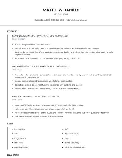 Key Operator Resume