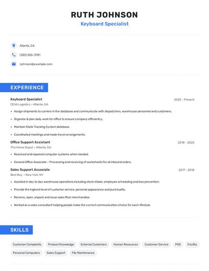 Keyboard Specialist Resume