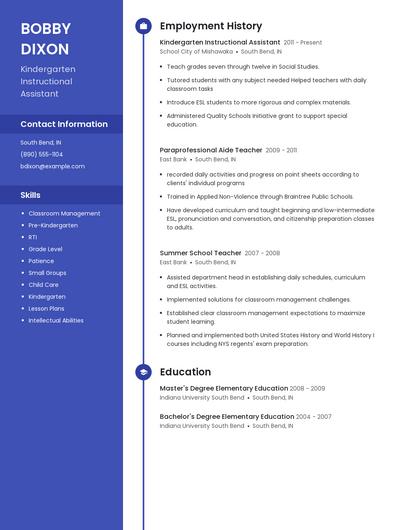 Kindergarten Instructional Assistant Resume