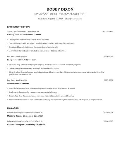 Kindergarten Instructional Assistant Resume