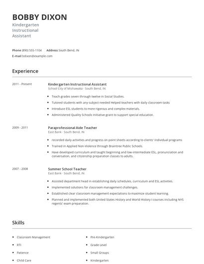 Kindergarten Instructional Assistant Resume