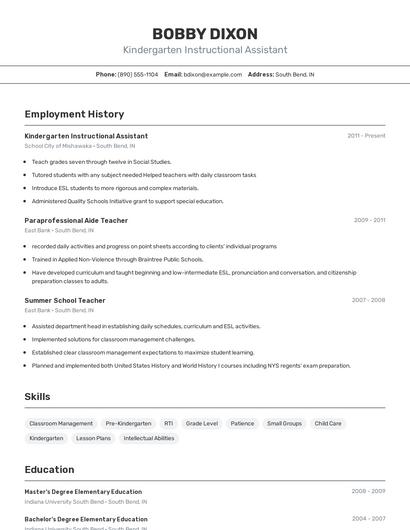 Kindergarten Instructional Assistant Resume
