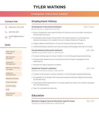 Kindergarten Instructional Assistant Resume