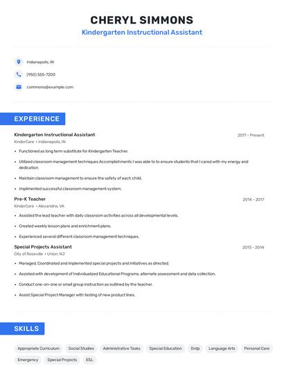 Kindergarten Instructional Assistant Resume