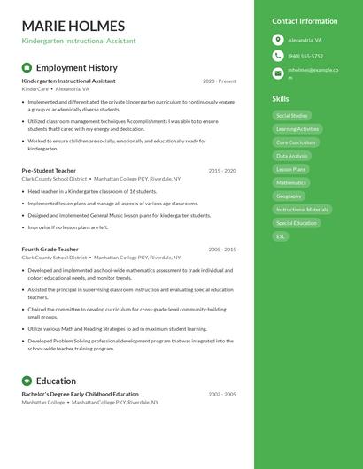 Kindergarten Instructional Assistant Resume