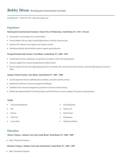 Kindergarten Instructional Assistant Resume