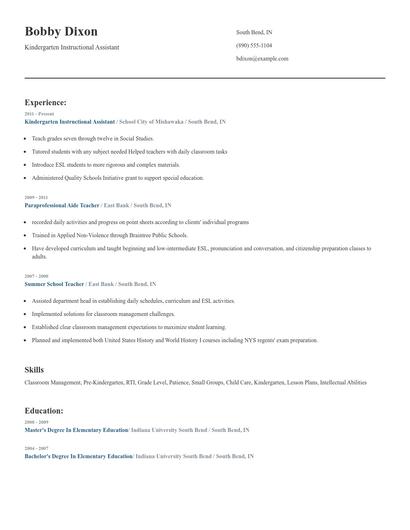 Kindergarten Instructional Assistant Resume