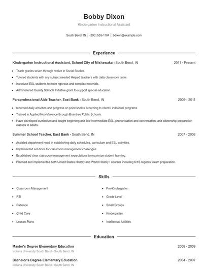 Kindergarten Instructional Assistant Resume