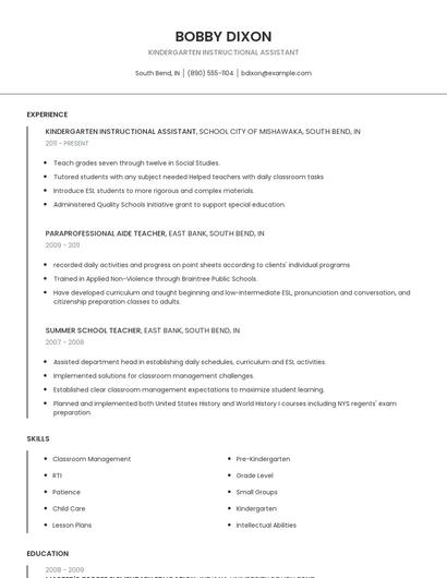Kindergarten Instructional Assistant Resume