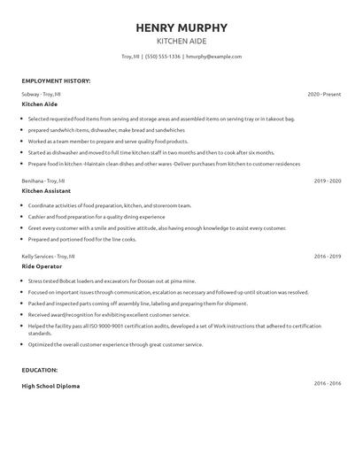 Kitchen Aide Resume