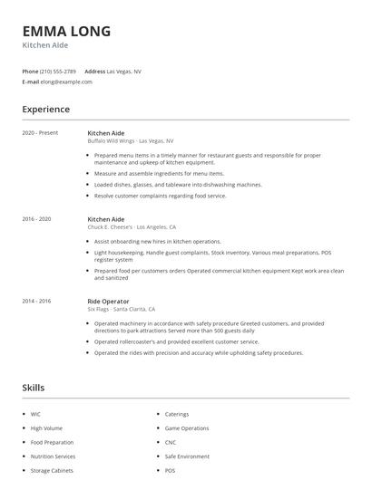 Kitchen Aide Resume