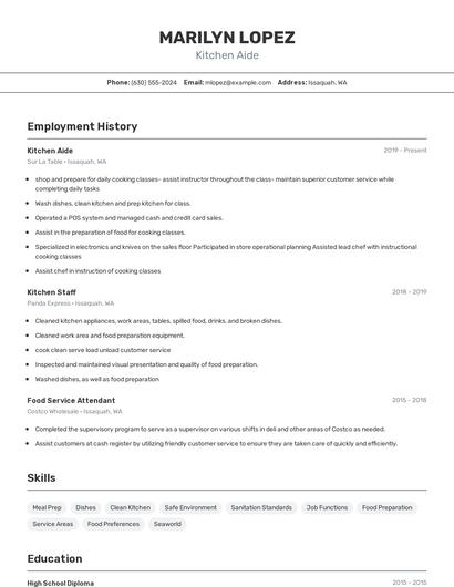 Kitchen Aide Resume