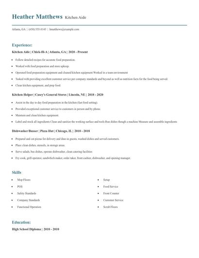 Kitchen Aide Resume