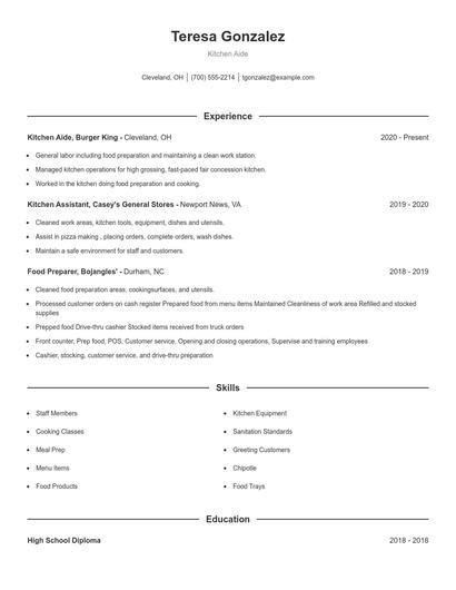 Kitchen Aide Resume