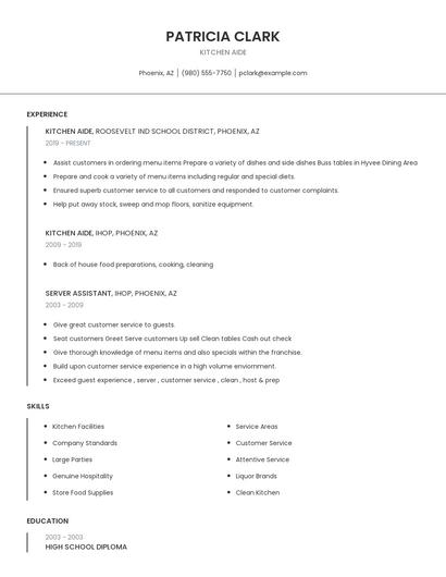 Kitchen Aide Resume