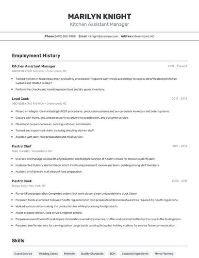 Kitchen Assistant Manager Resume
